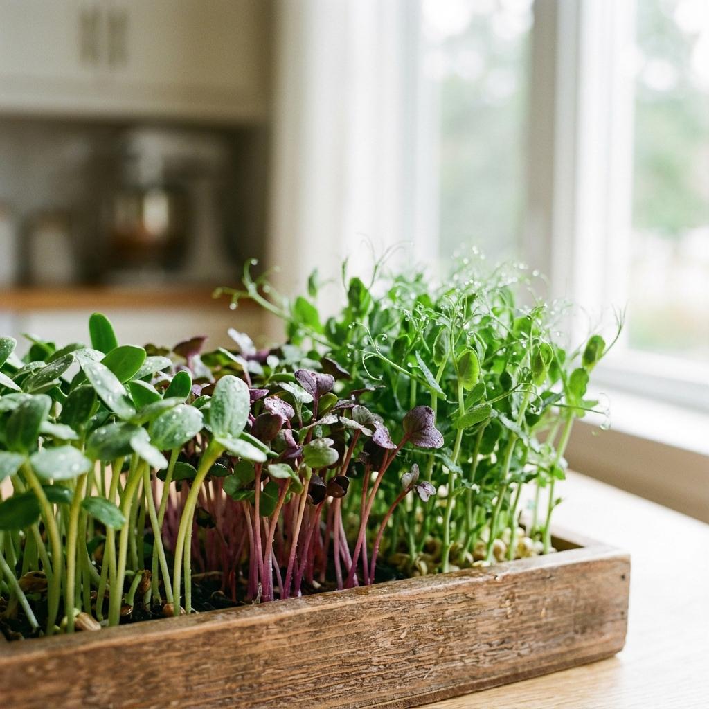 Fresh microgreens growing in trays at home