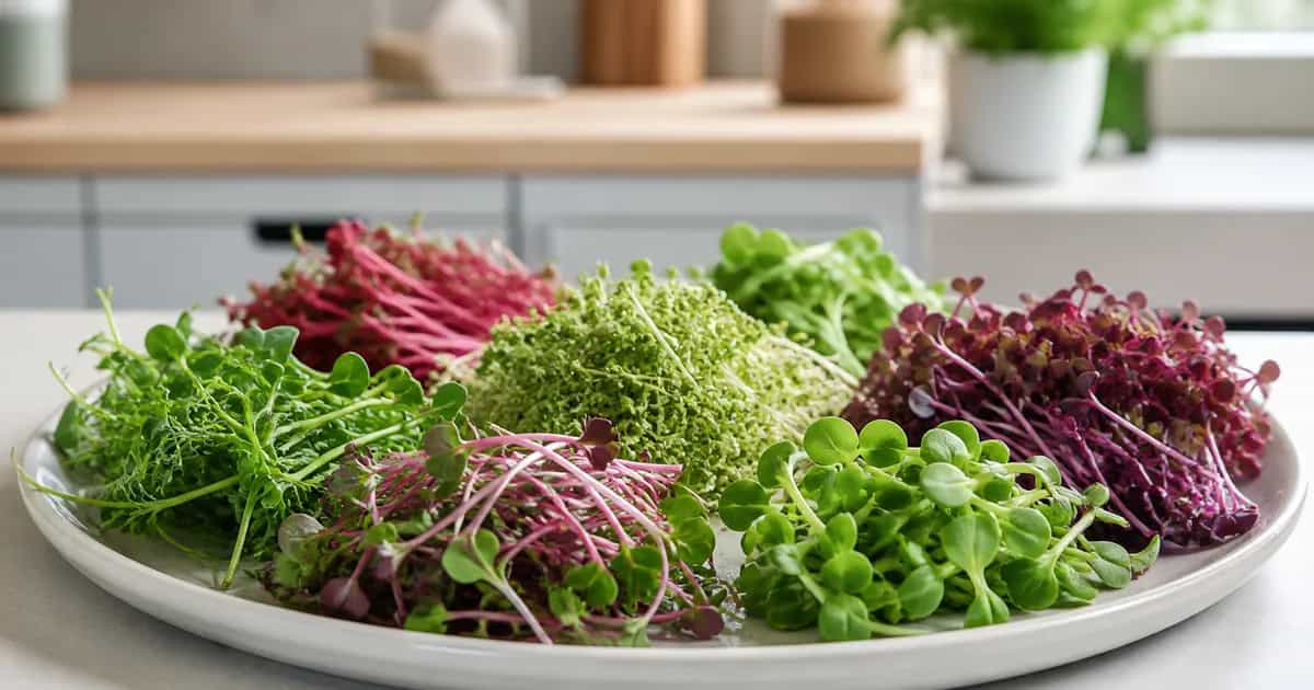Colorful assortment of six microgreen varieties on one platter
