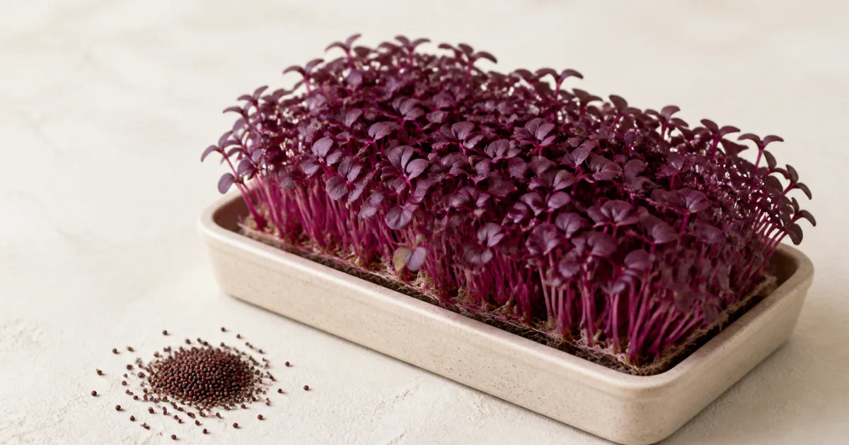 Magenta amaranth microgreens in a shallow tray