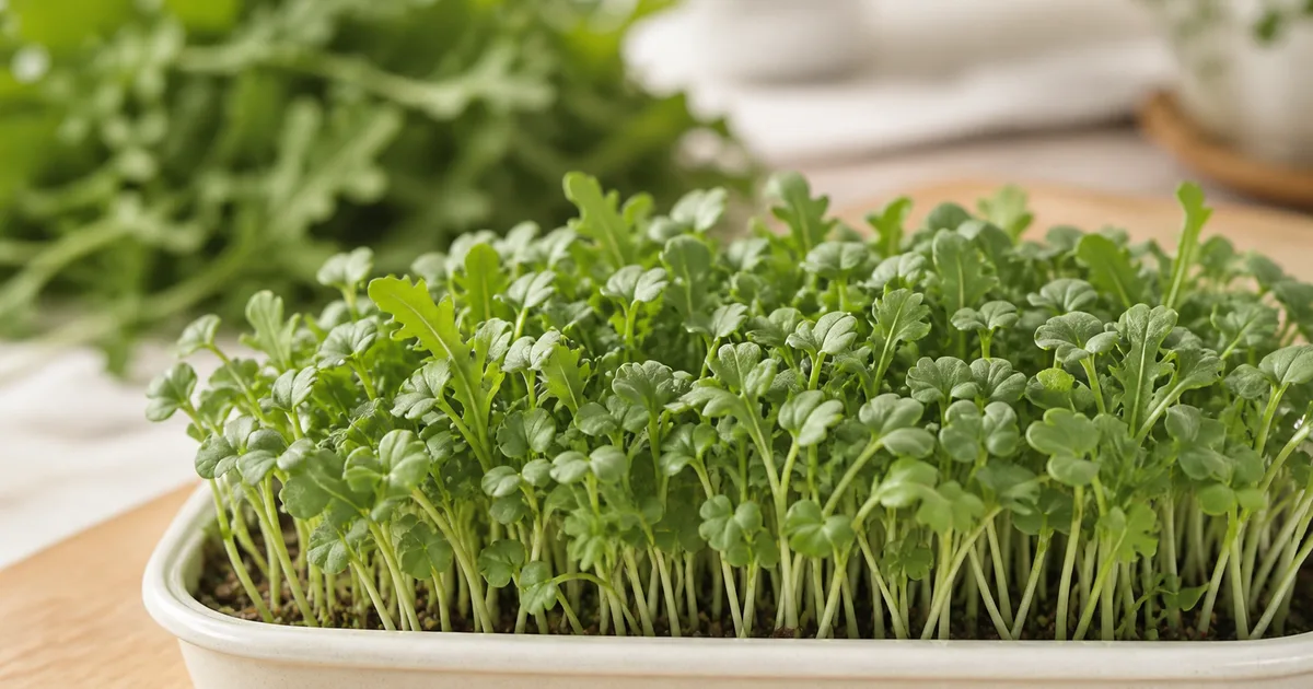 Fresh arugula microgreens with emerging lobed leaves