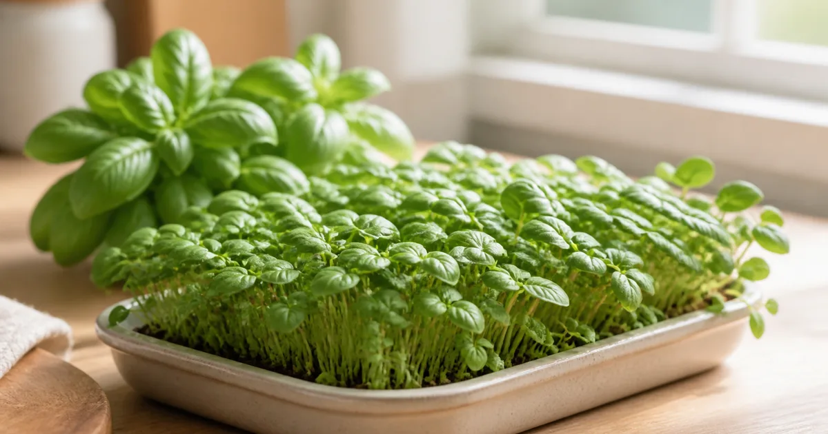 Basil microgreens growing beside mature basil leaves