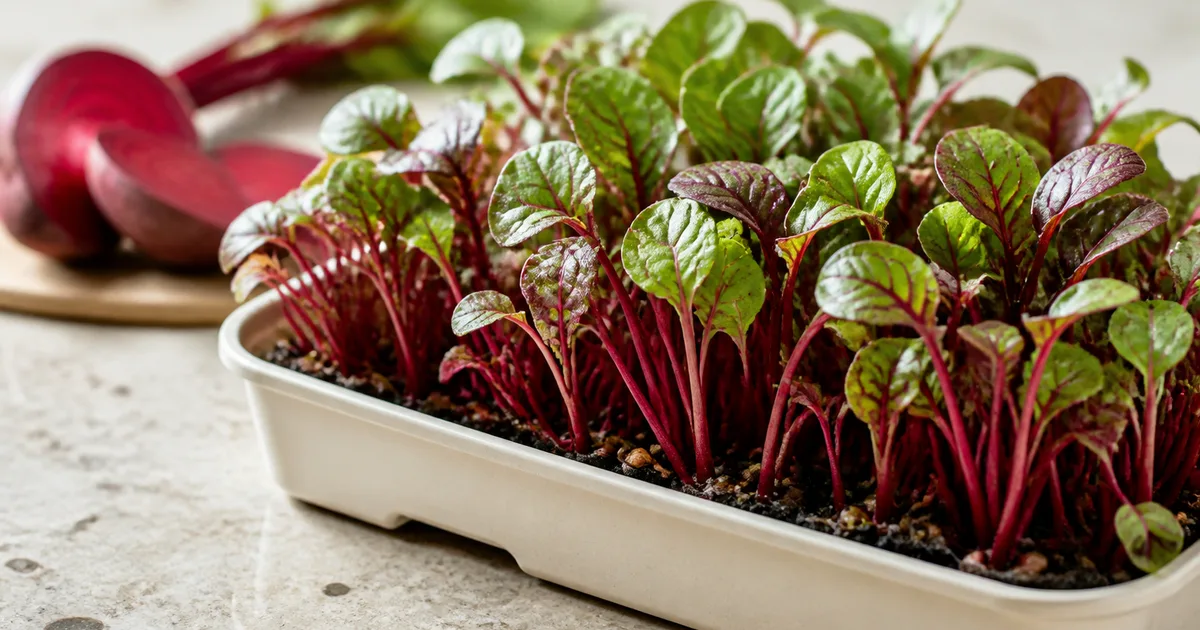Red-stemmed beet microgreens growing in a tray
