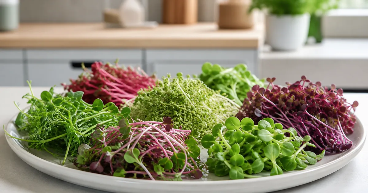Colorful assortment of six microgreen varieties on one platter