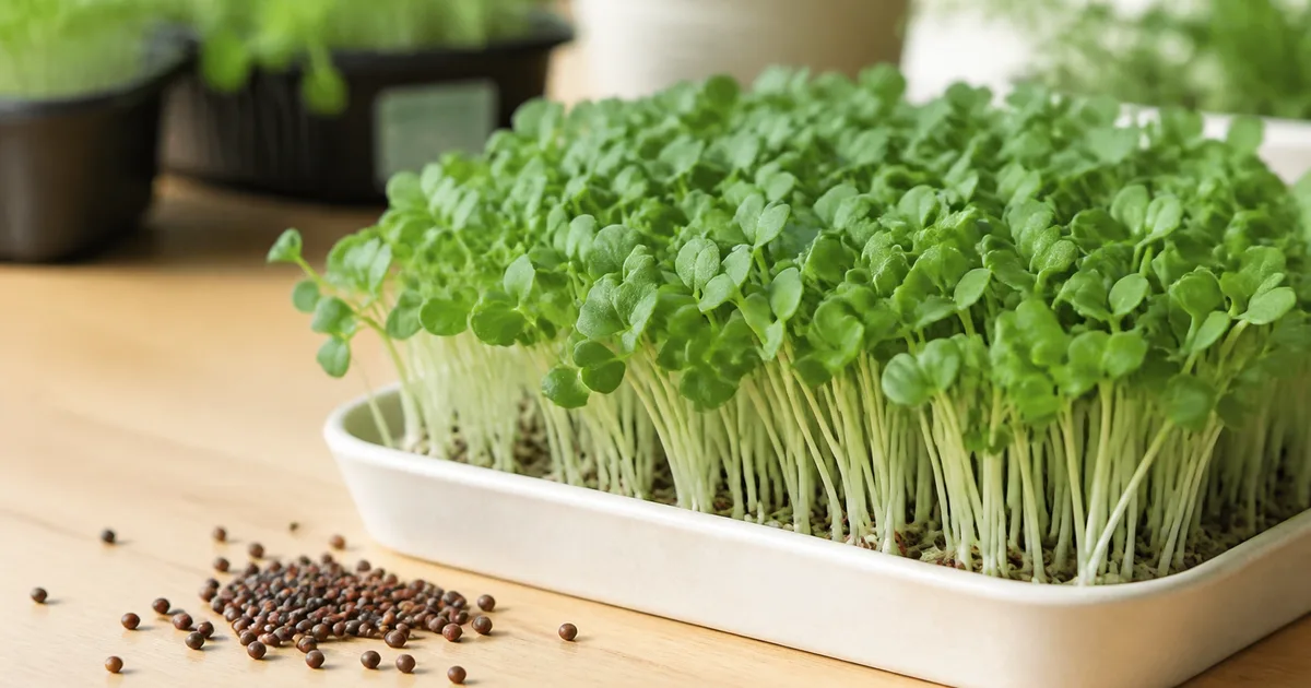 Dense tray of fresh broccoli microgreens