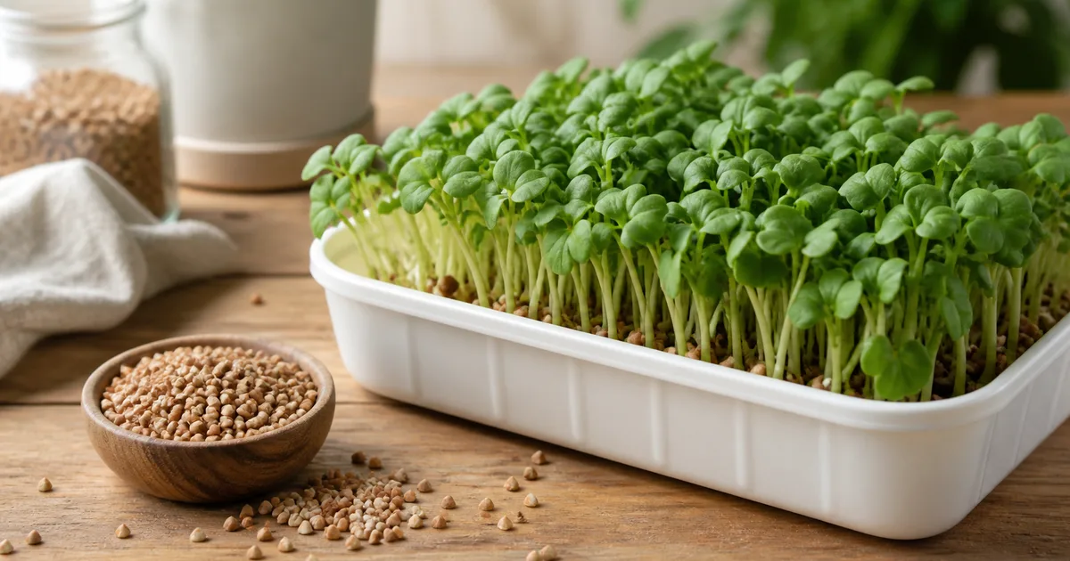 Buckwheat microgreens beside angular buckwheat groats
