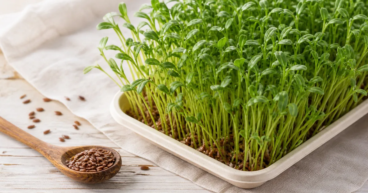 Young flax microgreens beside brown flax seeds