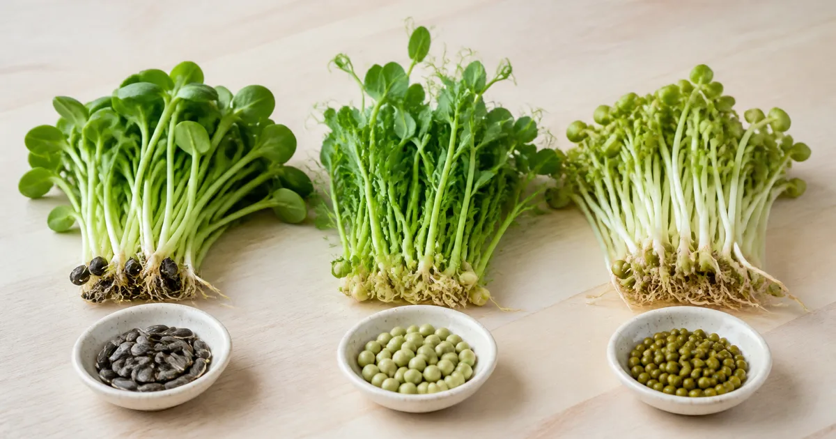 Sunflower, pea, and mung bean microgreens displayed with their seeds