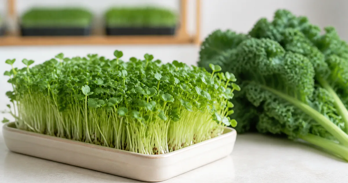 Fresh kale microgreens beside mature curly kale