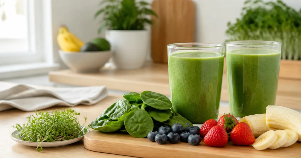Two green smoothies with fruit, spinach, and mild microgreens