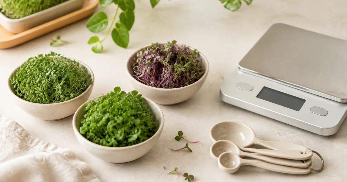 Bowls of microgreens beside a kitchen scale and measuring spoons