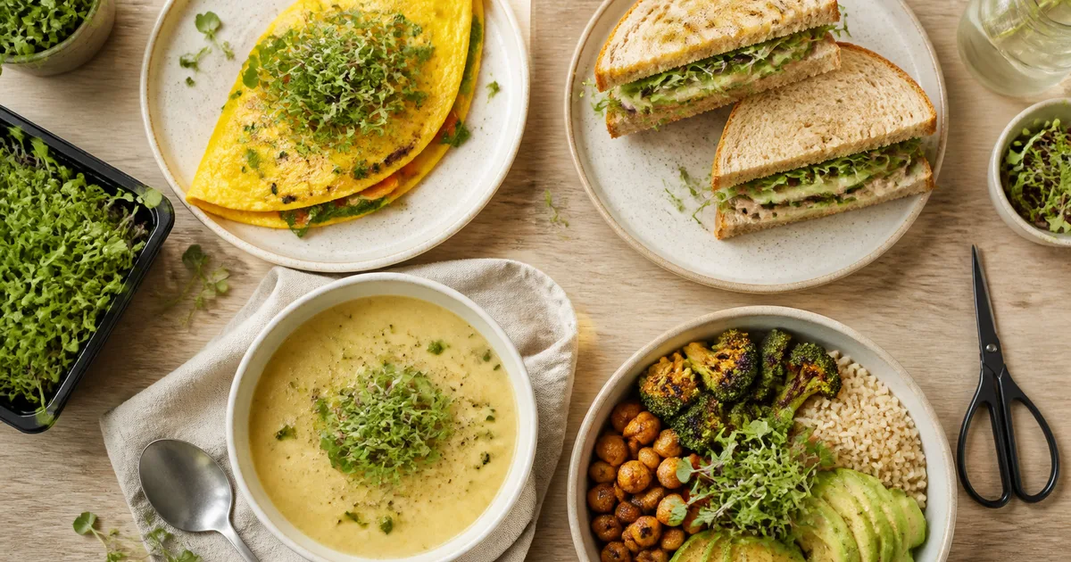 Mikro yeşillikle tamamlanan omlet, sandviç, çorba ve tahıl kasesi