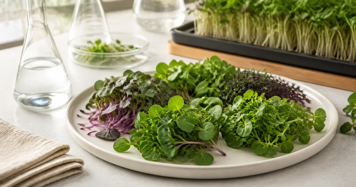 Assorted deep green and purple microgreens on a neutral plate