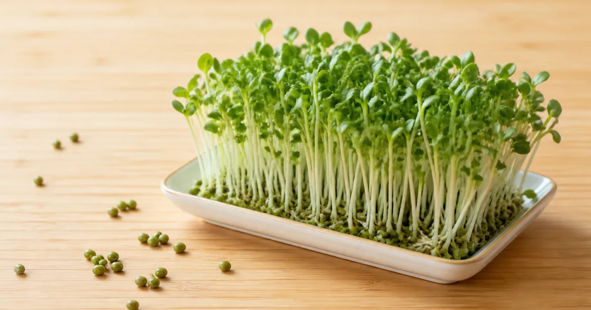 Mung bean microgreens beside whole green mung beans