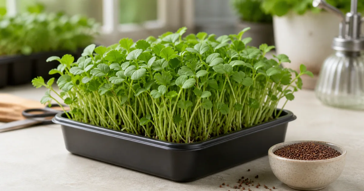 Mustard microgreens growing beside a bowl of mustard seeds