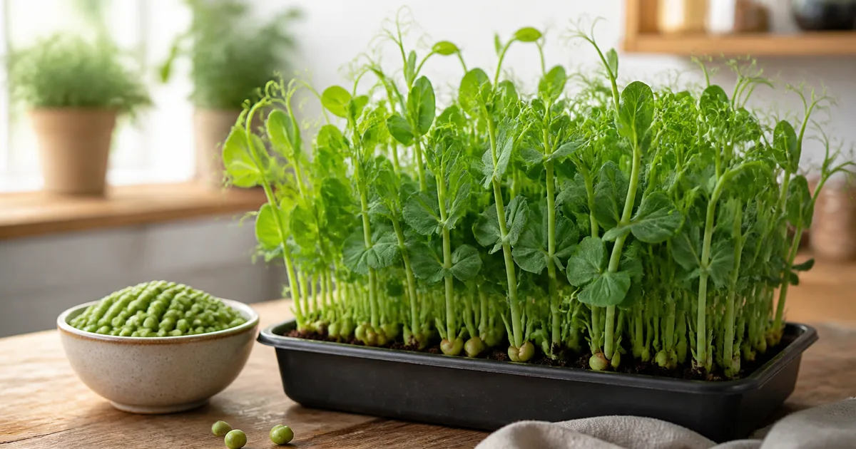Fresh pea shoots with tendrils beside dry green peas