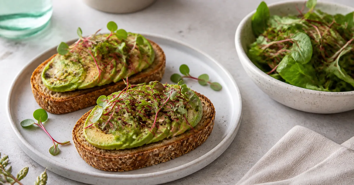 Avocado toast and salad topped with red-stemmed radish microgreens
