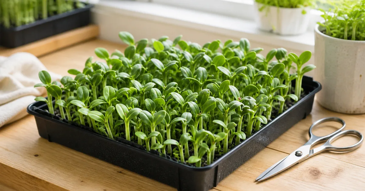 Sunflower microgreens at harvest stage beside clean scissors