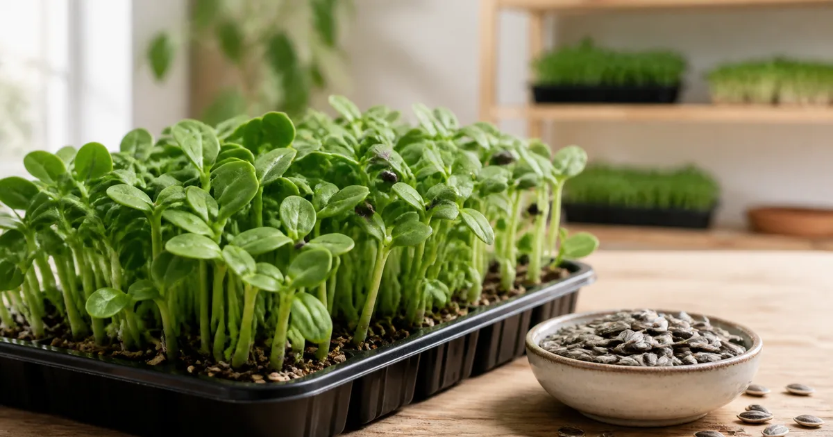 Fresh sunflower microgreens beside sunflower seeds