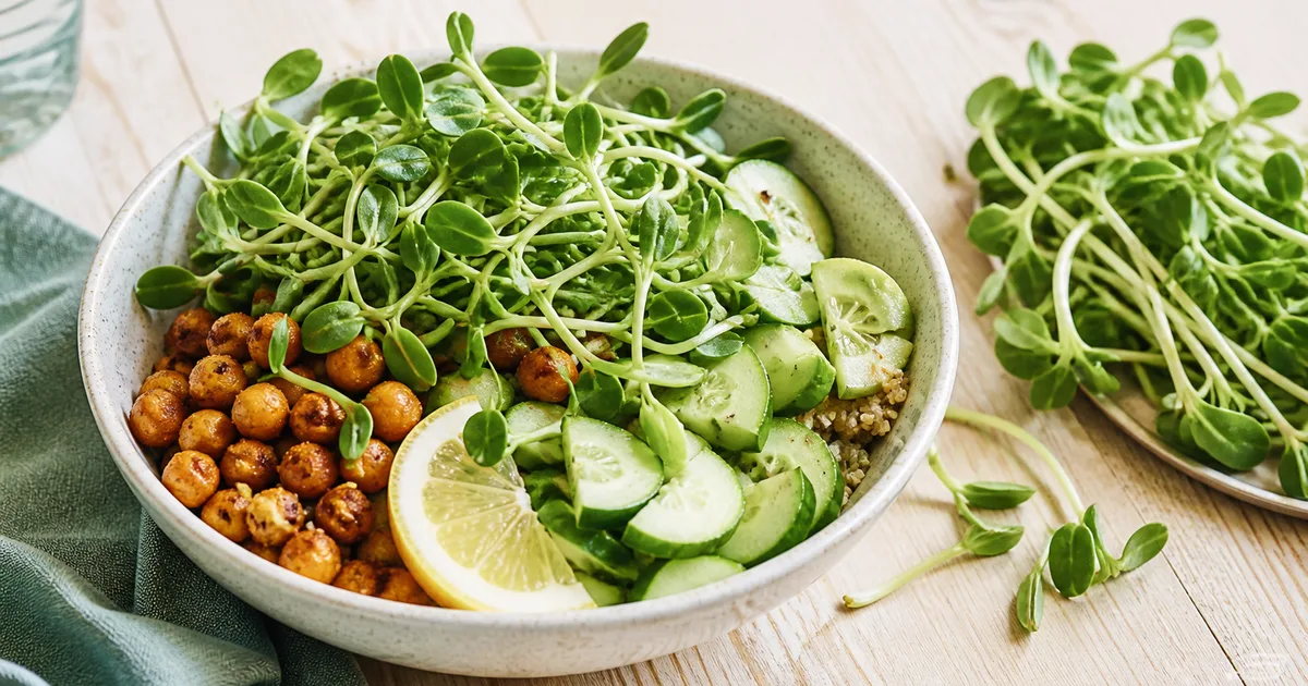 Grain bowl topped with crisp sunflower microgreens
