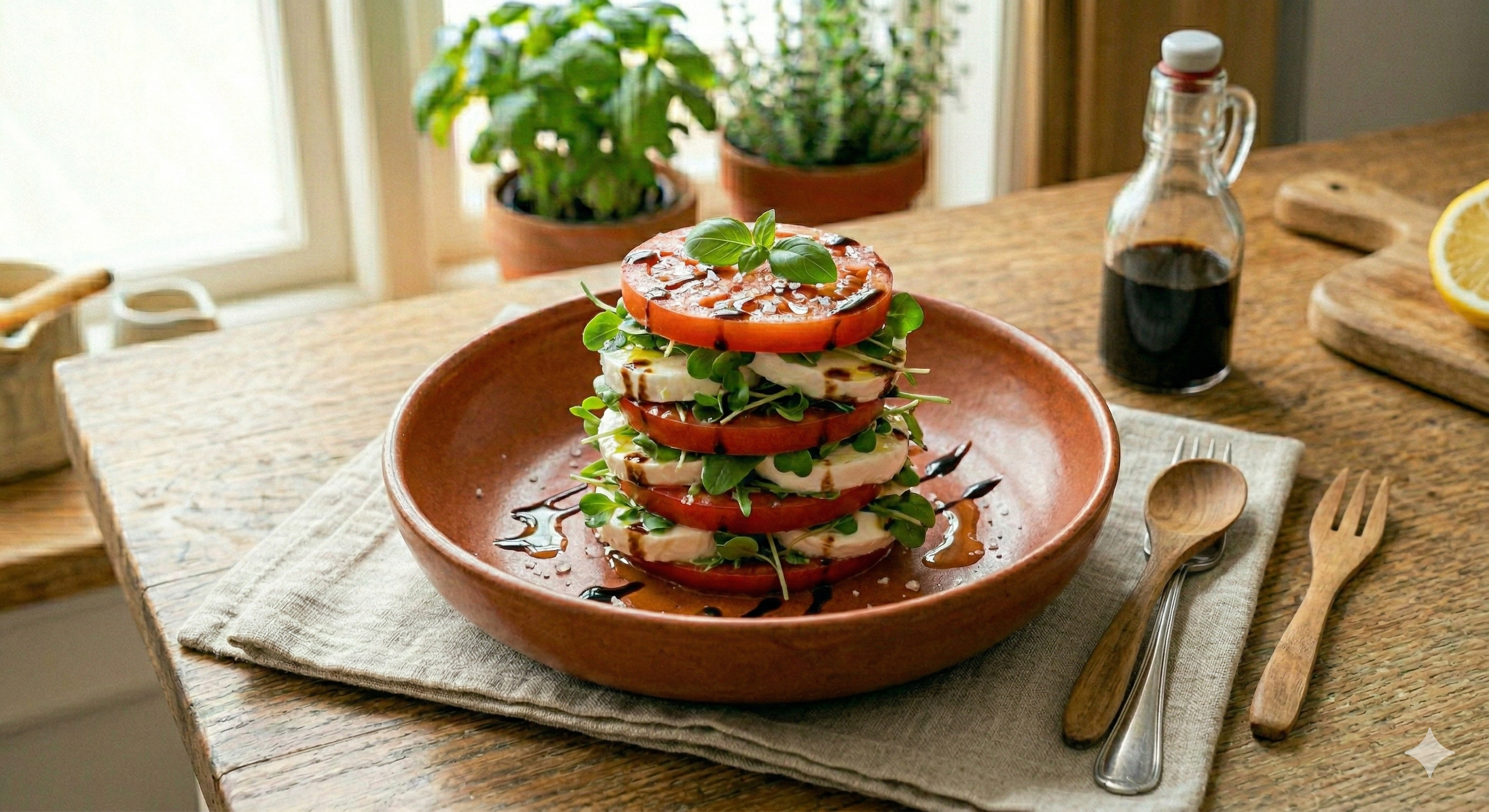 Layers of fresh mozzarella, ripe tomatoes, and basil microgreens drizzled with olive oil and balsamic glaze