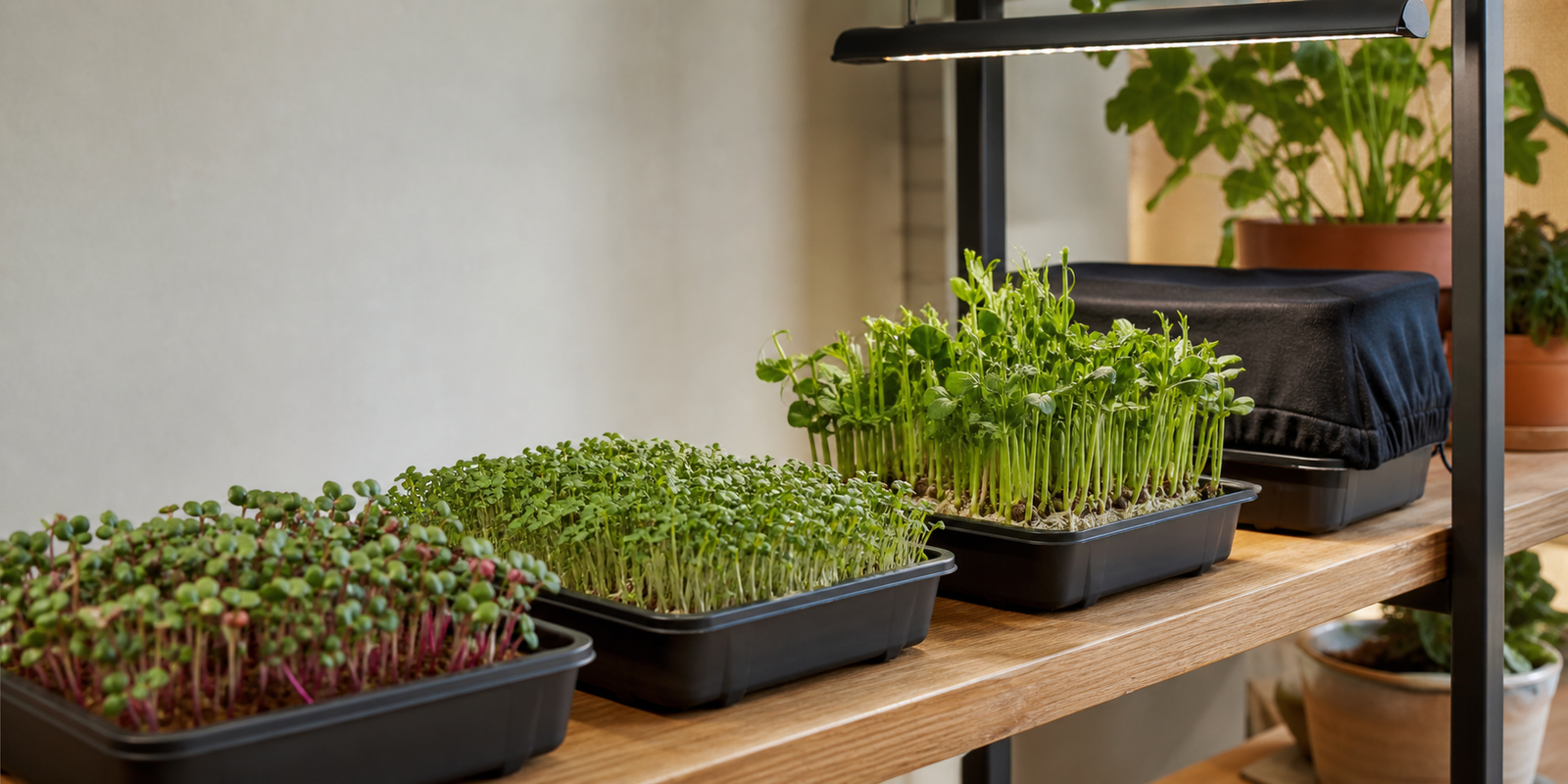 Indoor trays of microgreens growing under a shelf light
