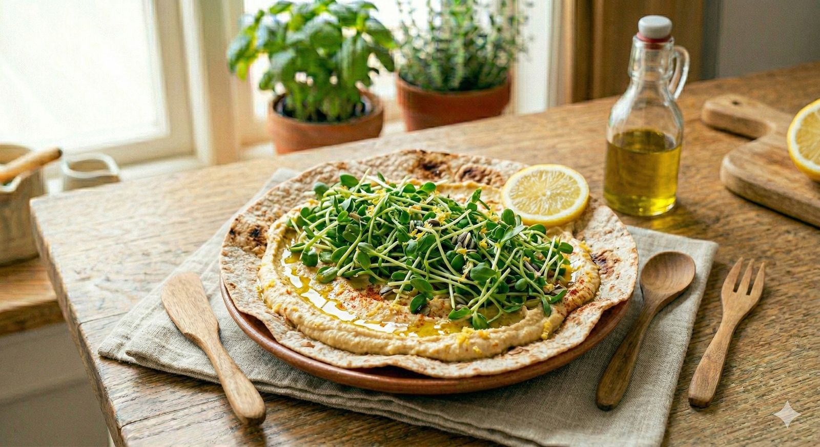 Toasted flatbread topped with a thick layer of hummus, microgreens, and a drizzle of olive oil