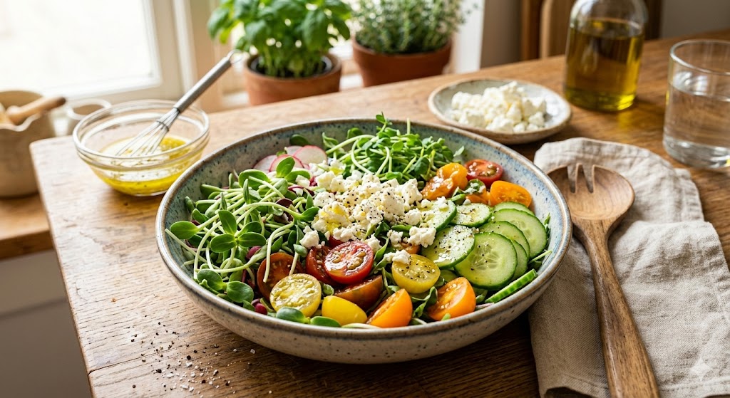 A bowl of mixed microgreens salad with halved cherry tomatoes, sliced cucumber, crumbled feta cheese, and lemon vinaigrette dressing