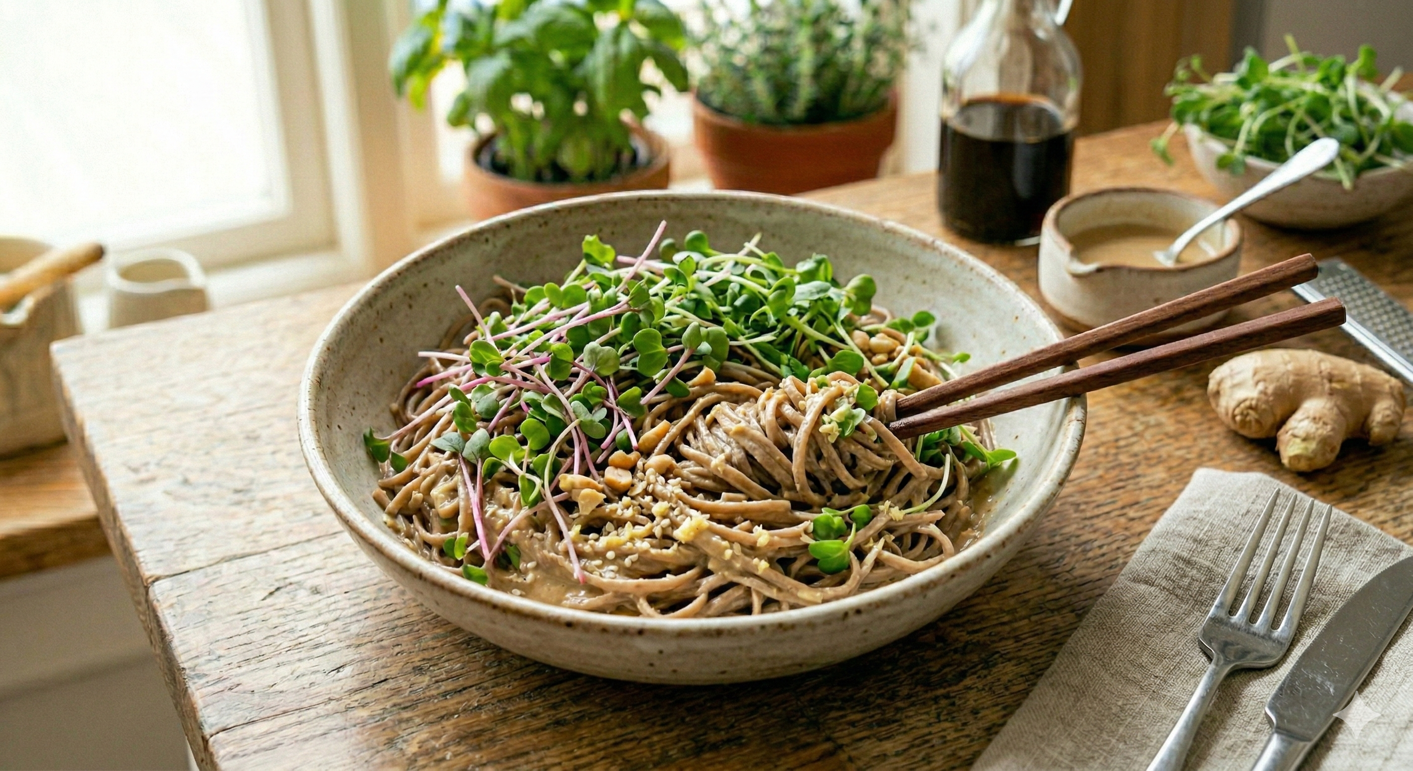A bowl of soba noodles in sesame dressing topped with radish microgreens, edamame, and sesame seeds